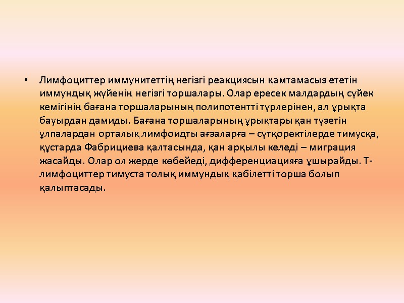 Лимфоциттер иммунитеттің негізгі реакциясын қамтамасыз ететін иммундық жүйенің негізгі торшалары. Олар ересек малдардың сүйек